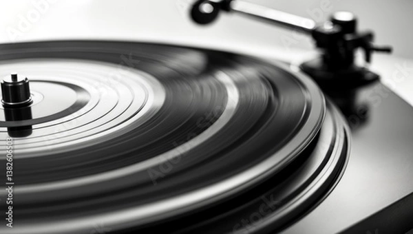 Fototapeta Detail of the microgrooves of a vinyl record in motion, presented in monochrome.