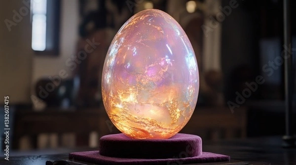 Obraz Glowing Iridescent Egg on Stand Sparkling on Table Surface Indoors