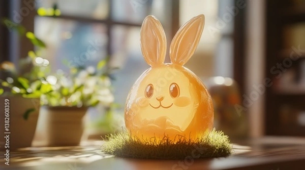 Obraz Smiling Easter Rabbit Decoration on Wood Surface in Soft Light