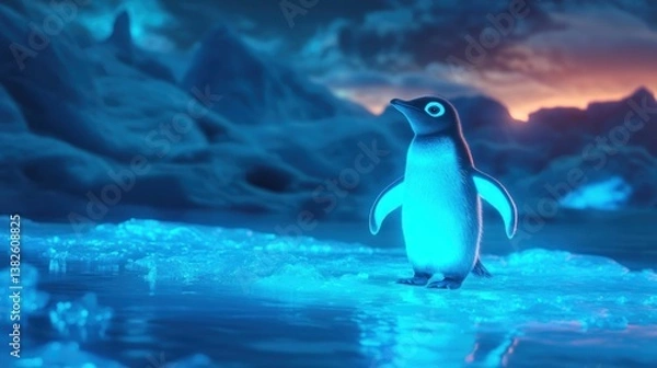 Obraz Luminescent penguin ventures across frozen expanse in a cold ethereal landscape