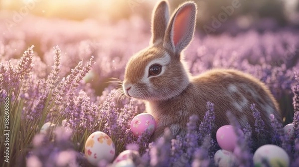 Obraz Enchanting Easter bunny amidst blooming lavender field with painted eggs