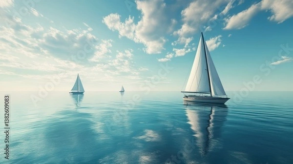 Obraz Serene ocean view featuring sailboats gently gliding beneath a cloudy sky