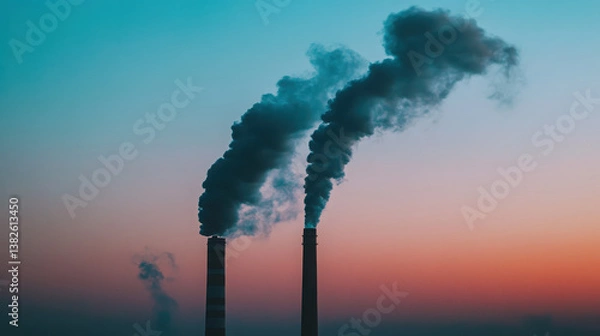 Fototapeta Two smokestacks releasing smoke against a colorful sunset sky.
