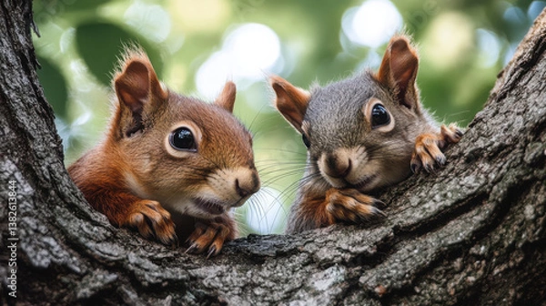 Fototapeta Two squirrels perched on a tree branch, looking curiously at the viewer.