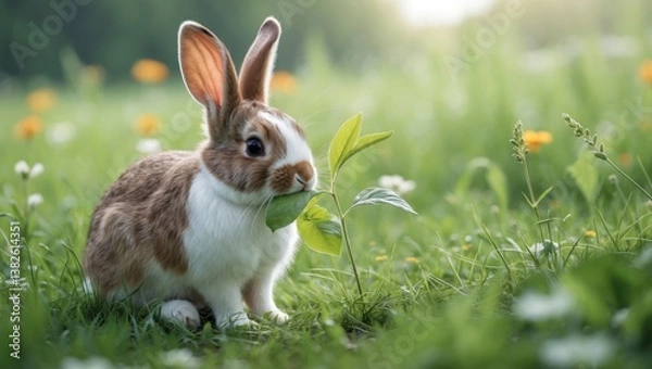 Fototapeta Rabbit sitting in meadow and munching on leaf. Close-up of a lovely bunny nibbling on greenery. Adorable furry pet bunny enjoying a meal on a summer day.