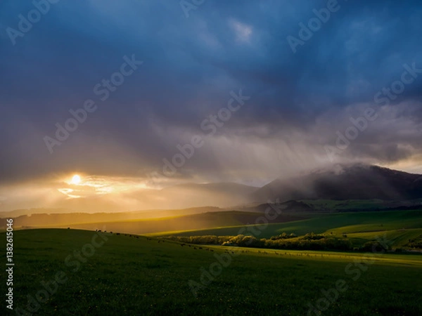 Obraz Mountain landscape. A view of the green hills with storm clouds looming over them. You can see the approaching rain from the clouds