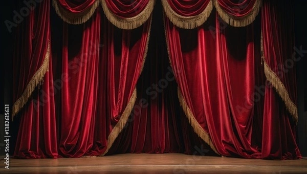 Obraz Real Velvet Cloth Stage Silk Curtain. Curtain for theater, opera, performances, and stage scenes. Authentic Cinematic Curtain Image. Shimmering fabric.