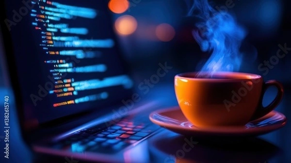 Obraz Late night coding session with steaming beverage on laptop keyboard in dark room