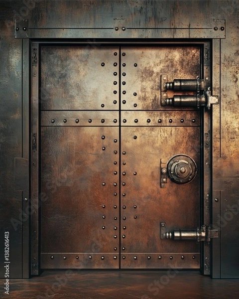 Fototapeta The Vault's Guardian: A massive, riveted steel door, a fortress of security. Intricate locking mechanisms hints at hidden treasures, beckoning exploration and promising untold secrets.