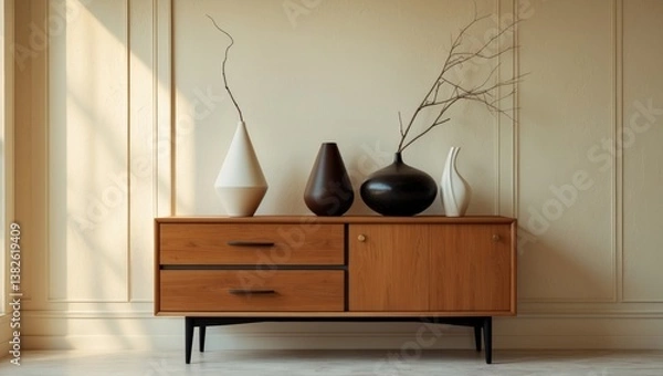 Fototapeta Interior design of living room space featuring a wooden sideboard, a poster, a vase with a branch, a box, slippers, a stucco wall, a sculpture, books, gray carpet, and personal accessories. Home de...
