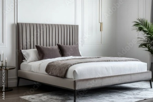 Fototapeta A modern bedroom showcases a bed with a tall textured headboard