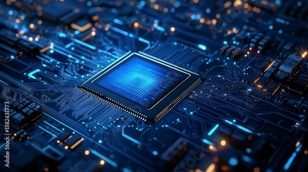 Fototapeta Powerful CPU Microchip Close up view of a modern central processing unit with glowing blue circuits and intricate details showcasing