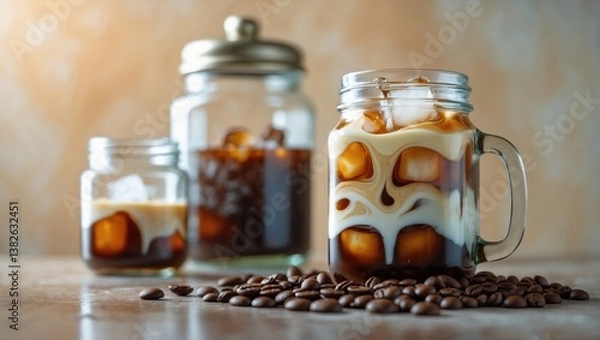 Obraz Almond Milk Cold Brew Coffee Latte in a glass jar set against a background.