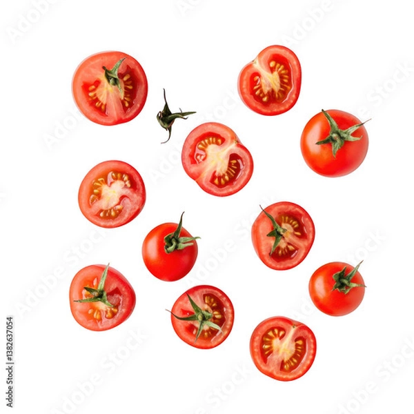 Fototapeta Scattered arrangement of cut and whole cherry tomatoes on a solid black background overhead view flat lay