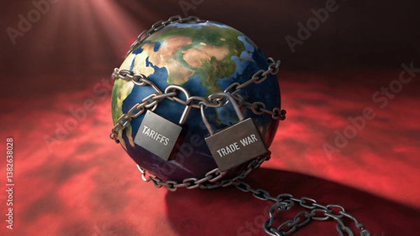 Obraz Earth globe chained with tariffs and trade war labels. Realistic 3D globe in metal chains, trade conflict concept