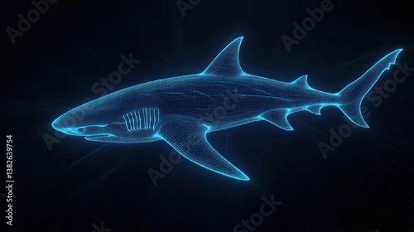 Fototapeta Abstract neon shark swimming in deep dark water with futuristic design lines