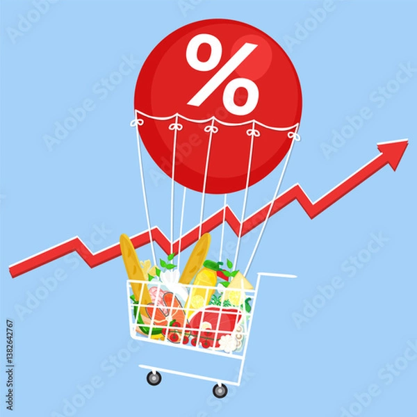 Obraz Vector illustration grocery cart flying on red air balloon with percent sign on blue background with red arrow inflation rise. Living cost inflation and budget plan.