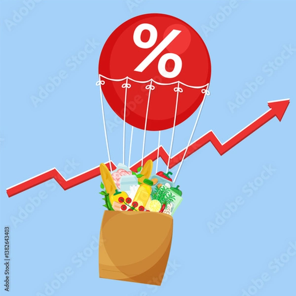 Obraz Vector illustration paper bag with grocery flying on red air balloon with percent sign on blue background with red arrow inflation rise. Living cost inflation and budget plan.