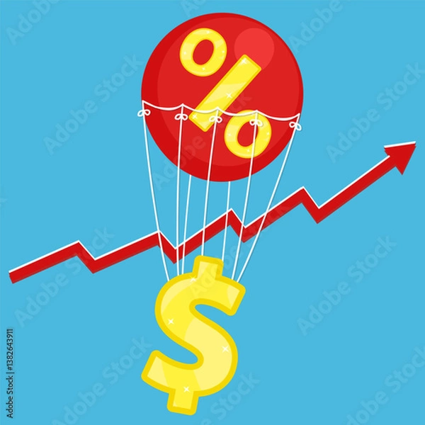 Obraz  Vector illustration of dollar golden icon flying on red air balloon with percent sign on blue background with red arrow inflation rise. Living cost inflation and budget plan.