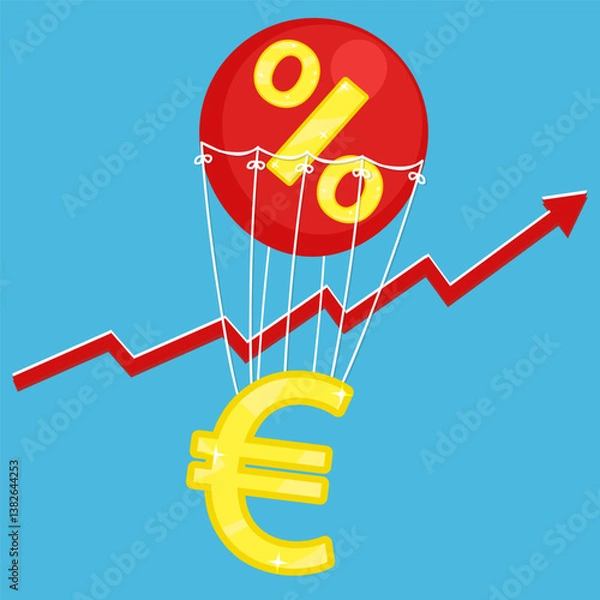 Obraz Vector illustration of euro golden icon flying on red air balloon with percent sign on blue background with red arrow inflation rise. Living cost inflation and budget plan.