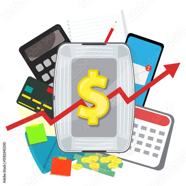 Obraz  Infographic vector illustration grocery basket with currency icon, calculator with smartphone, to do list with notes laying around. Living cost inflation and budget planning.