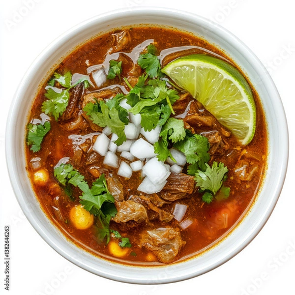 Fototapeta A bowl of traditional menudo, a Mexican soup made with tripe, hominy, and a flavorful broth, garnished with onions, cilantro, and lime wedges, isolated on clean white background.