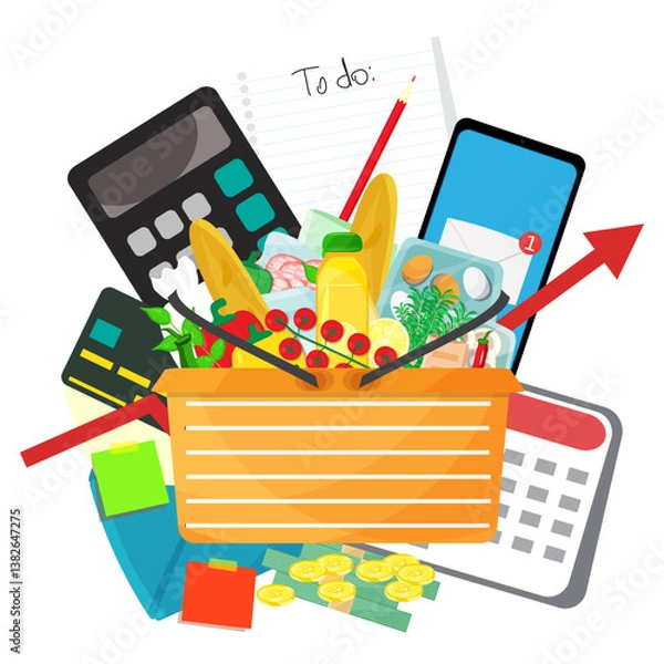 Fototapeta Infographic vector illustration basket with grocery products, calculator with smartphone, to do list and envelope with notes laying around. Living cost inflation and budget planning.
