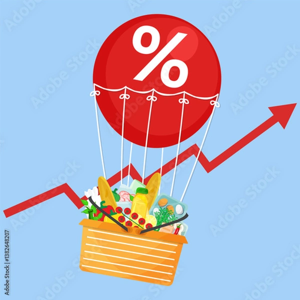Obraz Vector illustration grocery basket flying on red air balloon with percent sign on blue background with red arrow inflation rise. Living cost inflation and budget plan.