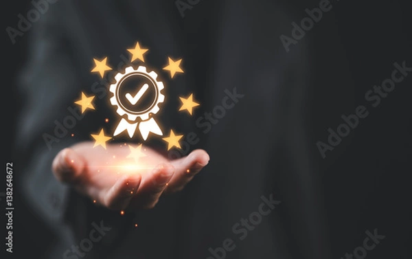 Fototapeta Business people showing ideas warranty, international standard, ISO quality certification and quality guarantee mark, Excellent accreditation in the industry, Certified product symbol.