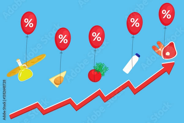 Obraz  Infographic vector illustration of grocery food and drink main products fluying on tax rate balloons with red arrow rising up. Living cost inflation and budget planning.