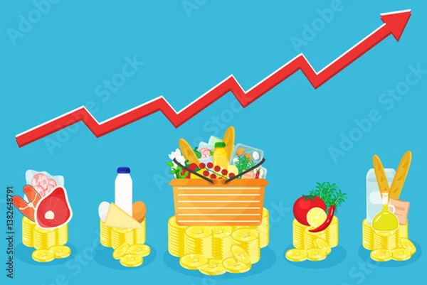 Obraz  Infographic vector illustration of grocery food and drink main products stand on coins stacks with red arrow rising up. Living cost inflation and budget planning.