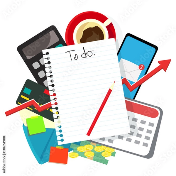 Obraz  Infographic vector illustration of monthly financial planning with to do list, smartphone calculator, coffee cup and card with money and notes. Living cost inflation and budget plan