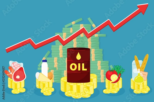 Obraz  Infographic vector illustration of grocery main products and oil barrel stand on coins stacks with red arrow rising up. Living cost inflation and budget planning.