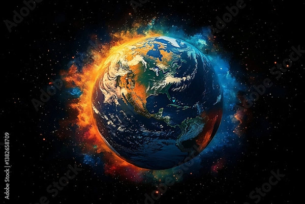 Fototapeta Abstract Earth Day artwork. Vibrant planet with earth-tone continents, swirling nebula, and cosmic burst. Ideal for environmental campaigns and science visuals.