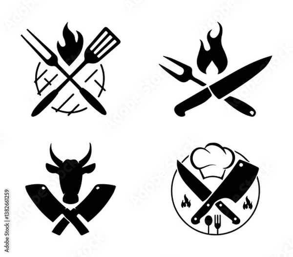 Fototapeta Logo emblem for a grill and barbecue establishment with a fire symbol. A black and white emblem featuring grilling utensils crossed with a flame symbol, representing BBQ culture and cooking.