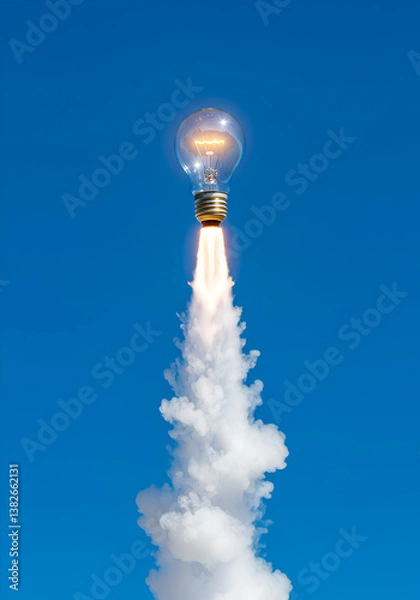 Fototapeta An imaginative depiction of creativity, as a light bulb bursts into action, ascending into the blue sky with rocket flames and smoke