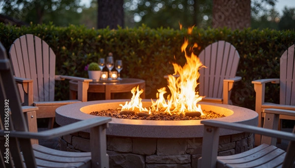 Fototapeta Cozy fire pit ambiance with bistro chairs in evening setting, warmth
