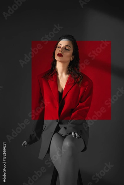 Obraz Young Woman In Red Suit With Red Lips Posing On The Red Background