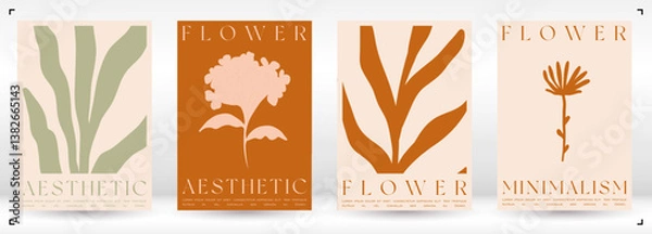 Fototapeta Trendy Groovy Vector Illustration Set in Matisse style. Contemporary Collage Botanical Minimalist Wall Art Print. Plants, flowers and leaves in hand drawn style.