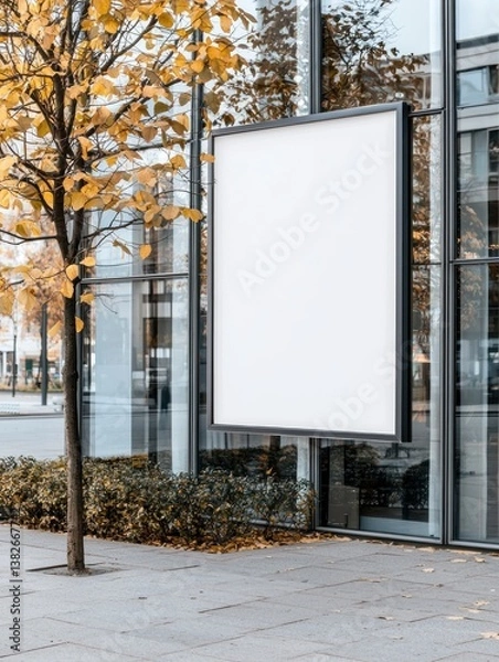 Fototapeta Blank advertising billboard on glass building in the autumn in city for marketing