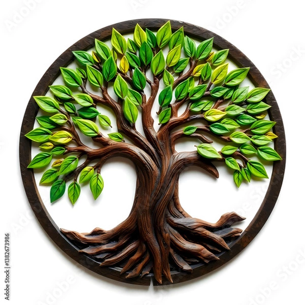 Fototapeta A digital illustration of a tree of life symbol, a root within a circle, rendered in layered paper cut style with sculpted textures art illustration design