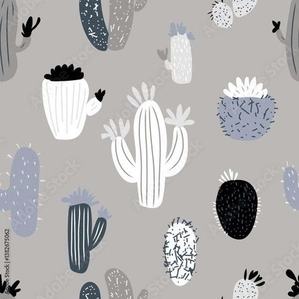 Fototapeta Seamless pattern with hand drawn cactus. Cute colorful print. Vector illustration.