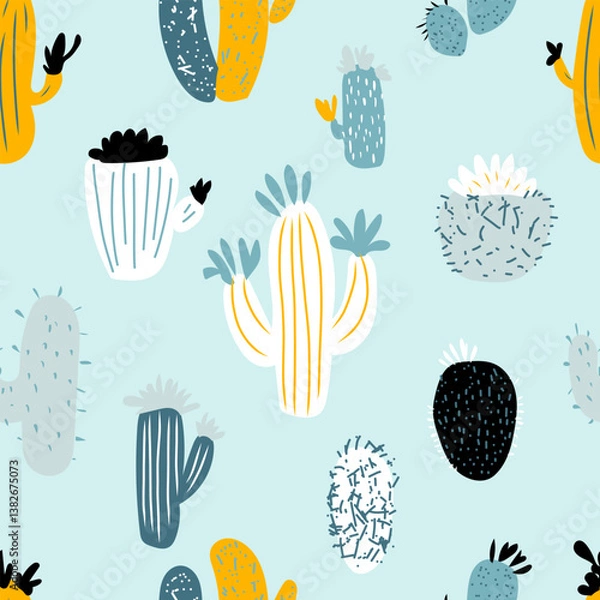 Fototapeta Seamless pattern with hand drawn cactus. Cute colorful print. Vector illustration.