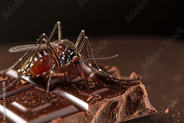 Fototapeta Macro view of Aedes aegypti on a piece of dark chocolate, gourmet and indulgence theme.