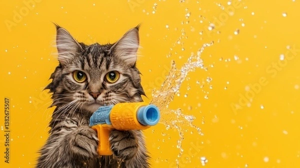 Fototapeta Playful Wet Tabby Cat Holding Squirt Gun with Water Splashing on Bright Pastel Background