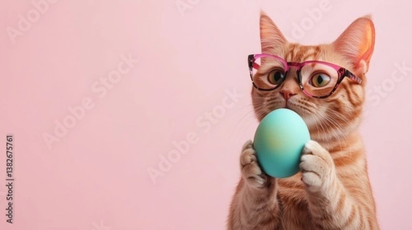 Fototapeta Stylish Cat in Trendy Glasses Holding a Colorful Egg Against a Soft Pink Background