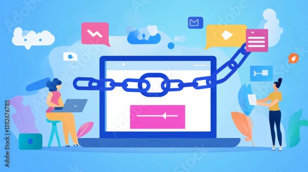 Fototapeta Backlink banner. Concept of building hyperlink system, cooperation of websites, seo optimization. Vector landing page of inbound connect with isometric illustration of sites chain, computer network