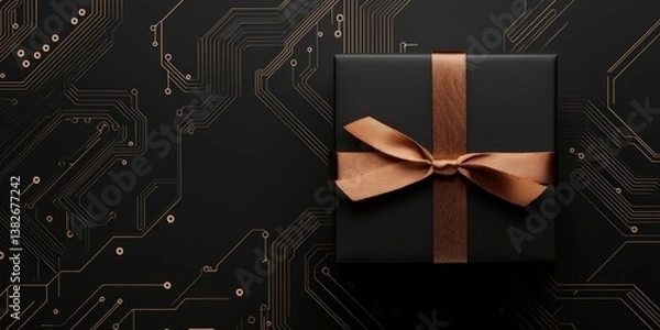 Fototapeta a stylish black gift box with a bronze ribbon standing on a circuit board