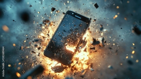 Obraz A close-up of a smartphone exploding into fragments, surrounded by flying debris, symbolizing the destructive side of cutting-edge technology