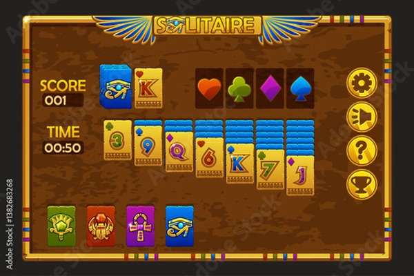 Fototapeta Solitaire game UI in Egyptian style. Background and buttons for game assets. Egyptian game frame